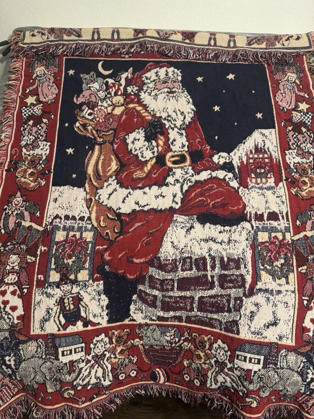Santa Christmas Holiday Winter Tapestry Afghan Fringed Throw Blanket 48x58